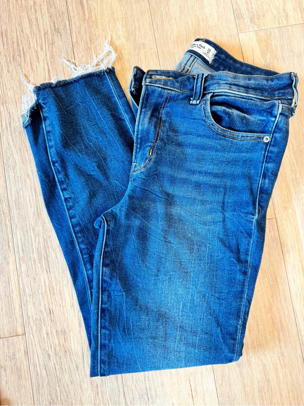 Abercrombie & Fitch Women's Blue Skinny Jeans with Raw Fringe Hem